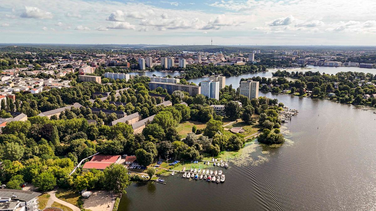 Aerial footage of Potsdam city center and the river Havel